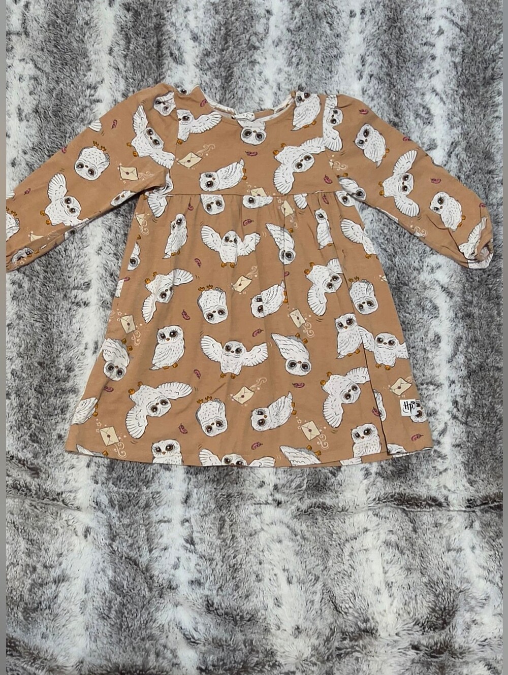 Kids Owl Print Long Sleeve Dress - Tan 5T